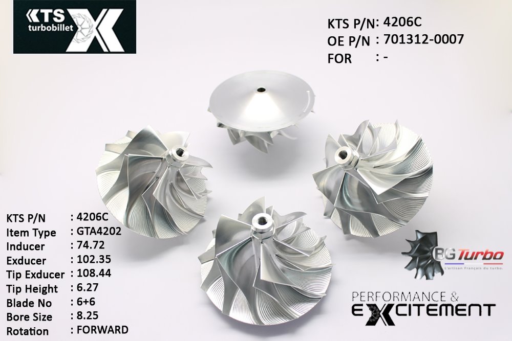 Turbo ROUE FORGÉE MFS PERFORMANCE - 6+6 PALES - INDUCER : 74,72 - EXDUCER : 102,35 - TYPE : GTA4202ANGLE : 60° - ROTATION : Forward - SUPER BACK : 9,52 - BORE SIZE : 8,25
